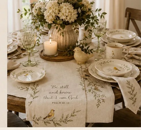 A warmly set table with botanical linens, candlelight, stoneware, and a Scripture table runner