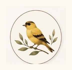 Illustrated yellow finch perched on a leafy branch